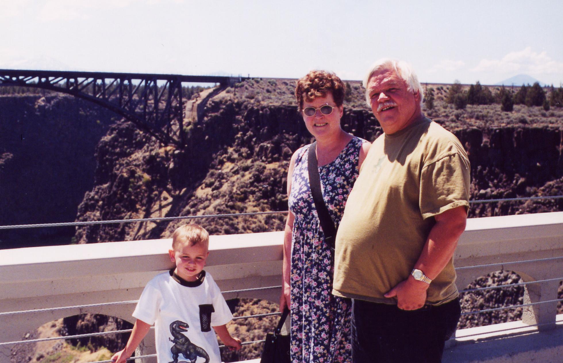 Paul on Right. First Wife Darlene, and Bobie on the New Crooked River Bridge, with old Bridge in the Background. July 2001